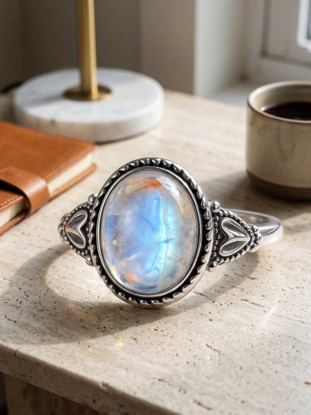 Moonstone Ring Sterling Silver Vintage Oval Victorian Celtic Statement Ring